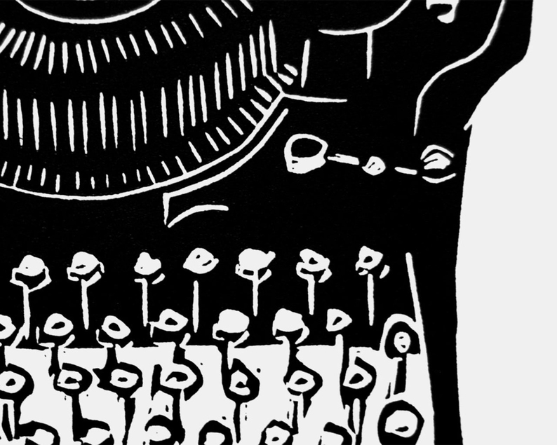 Vintage typewriter linocut print close up