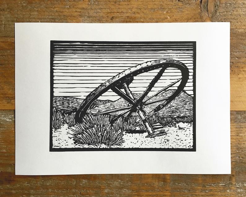 Wagon wheel linocut print unframed