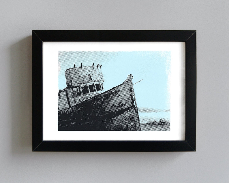 Wrecked boat screenprint framed
