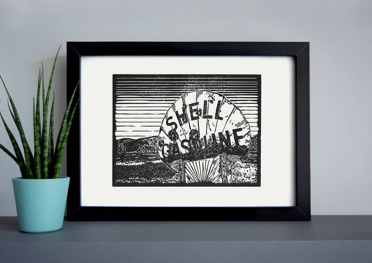 Bodie Gas Sign linocut print