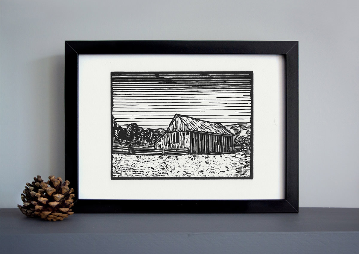 Capitol Reef Barn linocut print