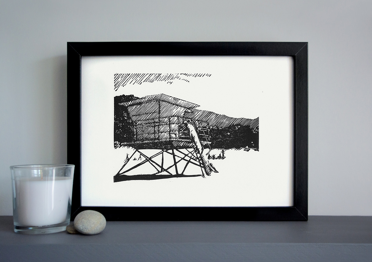 Stinson beach lifeguard tower linocut print